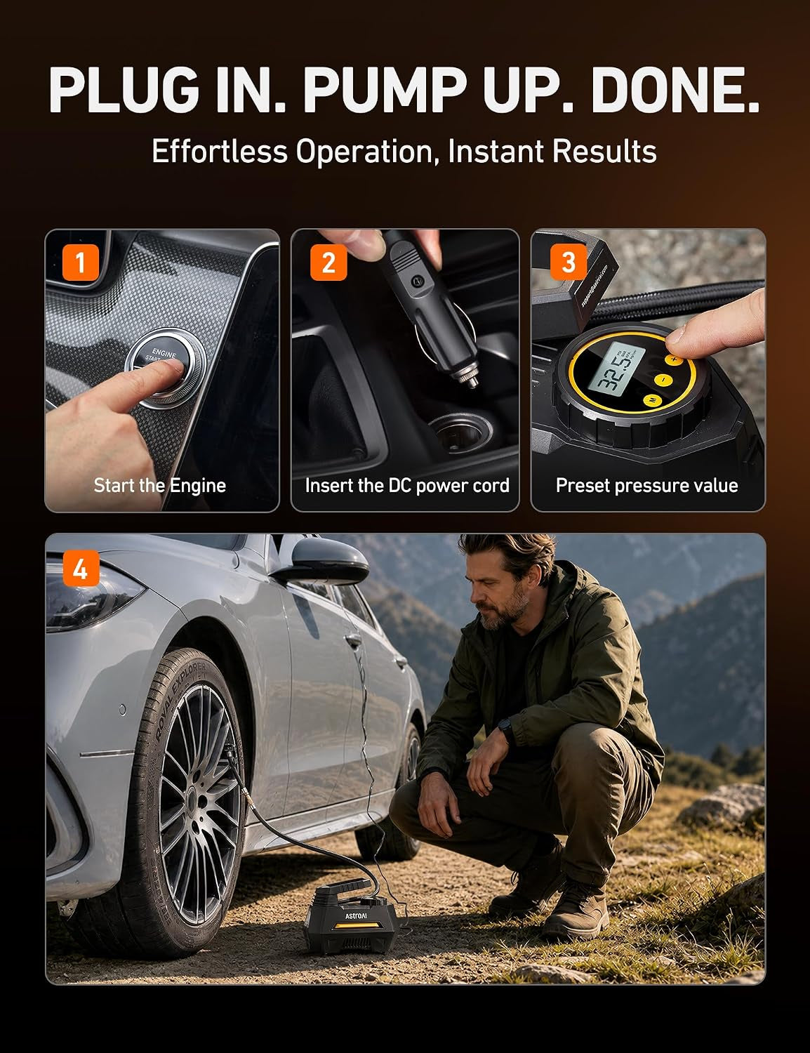Effortless Tire Inflation with AIRUN H Portable Air Compressor - Fast, Reliable, and Equipped with Digital Pressure Gauge and LED Light