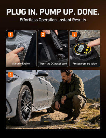 Effortless Tire Inflation with AIRUN H Portable Air Compressor - Fast, Reliable, and Equipped with Digital Pressure Gauge and LED Light