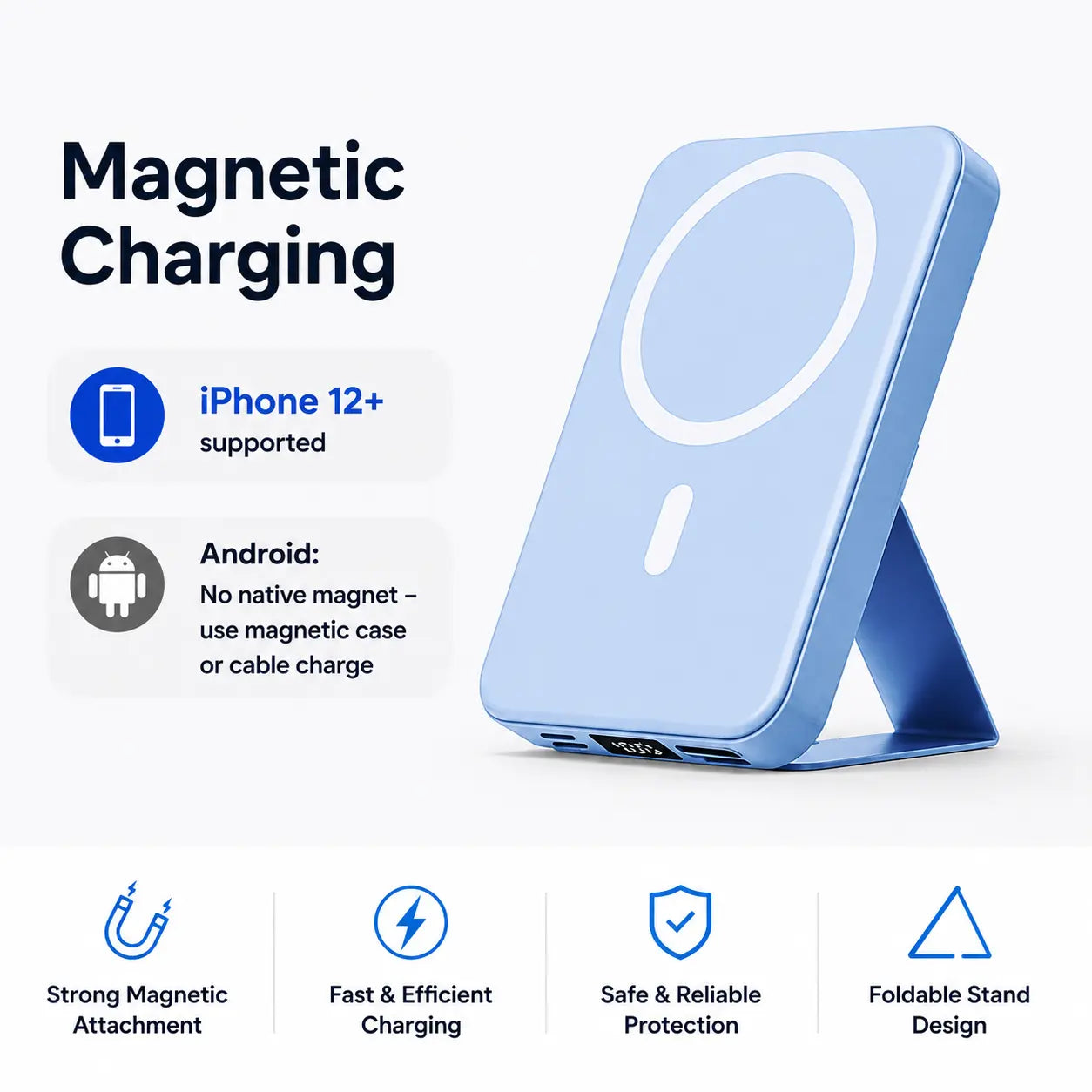 Revolutionary 10000mAh Magnetic Wireless Power Bank - Fast Charging, LED Display & Foldable Design for iPhone 12-16 Series - Compact & Stylish Silicone Black