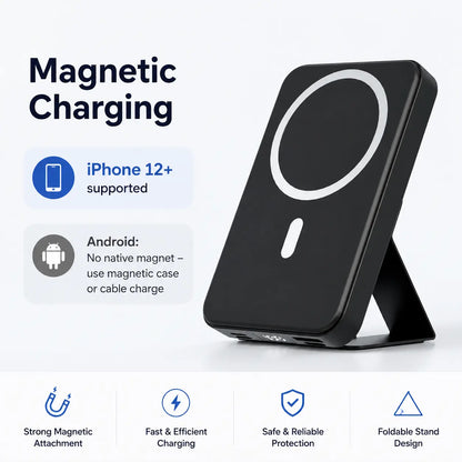 Revolutionary 10000mAh Magnetic Wireless Power Bank - Fast Charging, LED Display & Foldable Design for iPhone 12-16 Series - Compact & Stylish Silicone Black