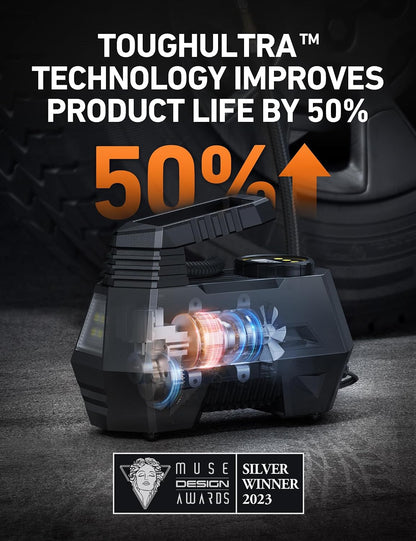 Effortless Tire Inflation with AIRUN H Portable Air Compressor - Fast, Reliable, and Equipped with Digital Pressure Gauge and LED Light